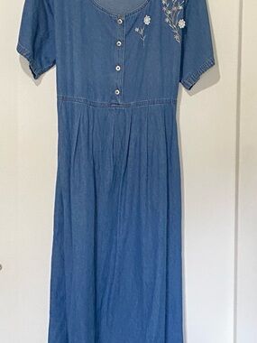 Proudly Plus, Women’s Blue Denim Dress with Floral Embroidery